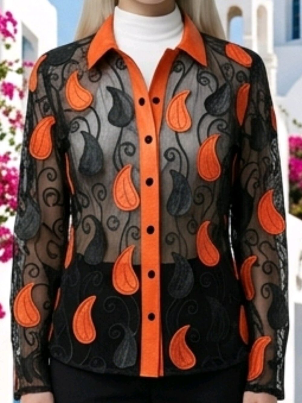 Sheer Women Jacket Blouse Top Shirt Outfit Handmade Light Leather Leaf Pattern